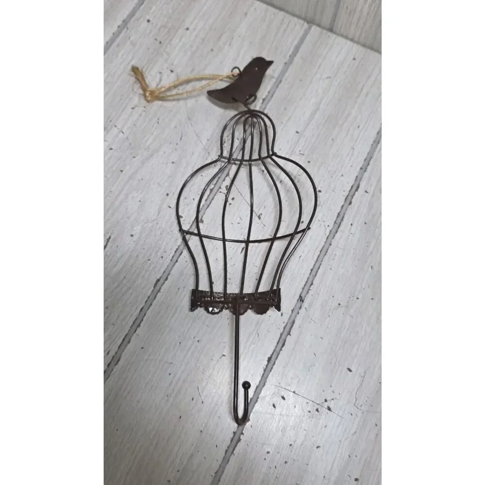 Vtg Bird On Cage Coat Hook Hat Towel Dog/Cat Leash Hanger Metal Cottagecore